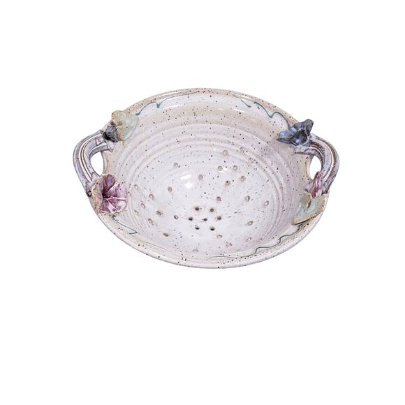 Studio Art Pottery Ornate Speckled Glazed Berry Bowl/ Colander Kitchen Decor EUC